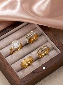 Bộ 4/5 chiếc nhẫn thời trang thanh lịch kiểu Pháp lãng mạn, mạ vàng 18K, thép không gỉ hai lớp mờ, đính đá Cubic Zirconia hai hàng, nhẫn nữ kiểu La Mã, quà tặng cho người yêu, mẹ, thích hợp đeo hàng ngày. - Bộ 4 nhẫn chữ số roma mờ - Xem 39