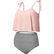 Ladies' Tankini Two-Piece Swimsuit High-Waisted Bikini Set With Tummy Control Bottoms And Ruffle Strap Tank Top - Pink - View 5