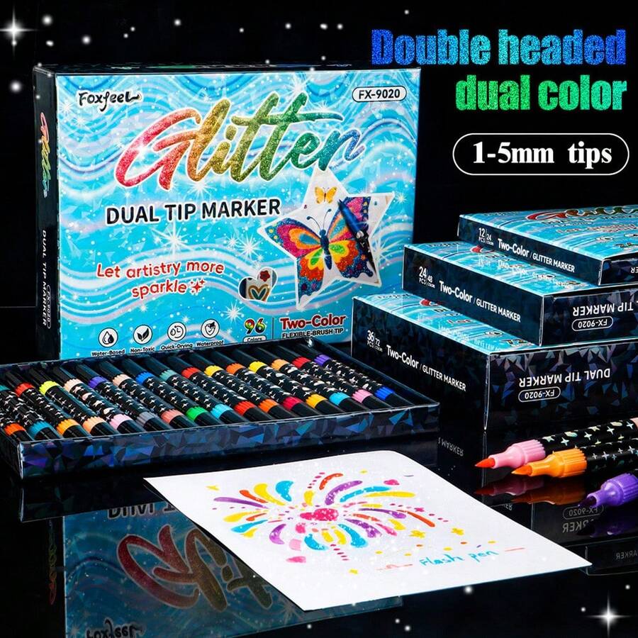 1pc 24/48/72/96 Colors Double-Ended Dual-Color Glitter Acrylic Marker Pens, Opaque Blendable Soft Tip Art Supplies For Students, Back To School - Glitter Marker - View 1