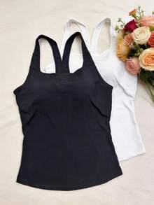 2pcs Spring And Summer Solid Color Camisole Vest For Women, Fashionable, Comfortable, Simple, Sexy, Slim-Fitting, With Bra Pads, Vest Top - Multicolor - View 2