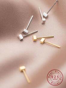 1 Pair S925 Sterling Silver Minimalist Square Stud Earrings, Daily Wear Jewelry Gift For Women, Friends & Couples - Blocks - View 1