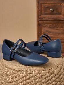 女士3厘米布面包跟时尚海军蓝金属酒红色玛丽珍粗跟黑色高端鞋 - 藏蓝色 - 查看 2