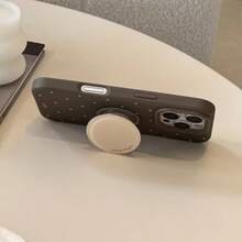 1个复古棕色英文圆形可伸缩折叠慵懒手机支架，兼容苹果手机，简约美学粘性支架 - 彩色 - 查看 3