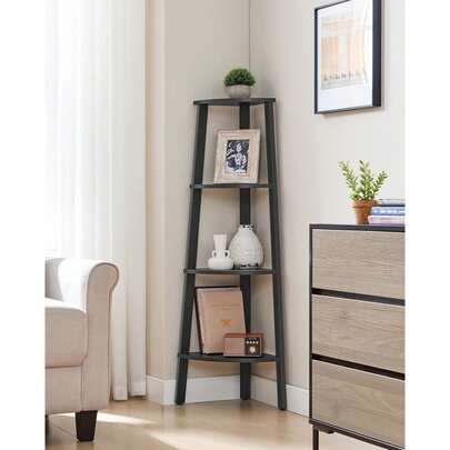 Estante de esquina, 4 niveles, estructura de acero, para sala de estar, dormitorio, balcón, industrial, gris carbón y negro mate