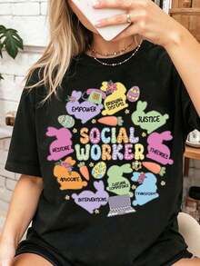 2026 New Arrival Women Easter Social Worker Print Graphic Design Pure Cotton Casual Round Neck T Shirt Soft Comfortable For Spring And Summer Wear, Camiseta De Moda Para Mujer - màu đen - Xem 6