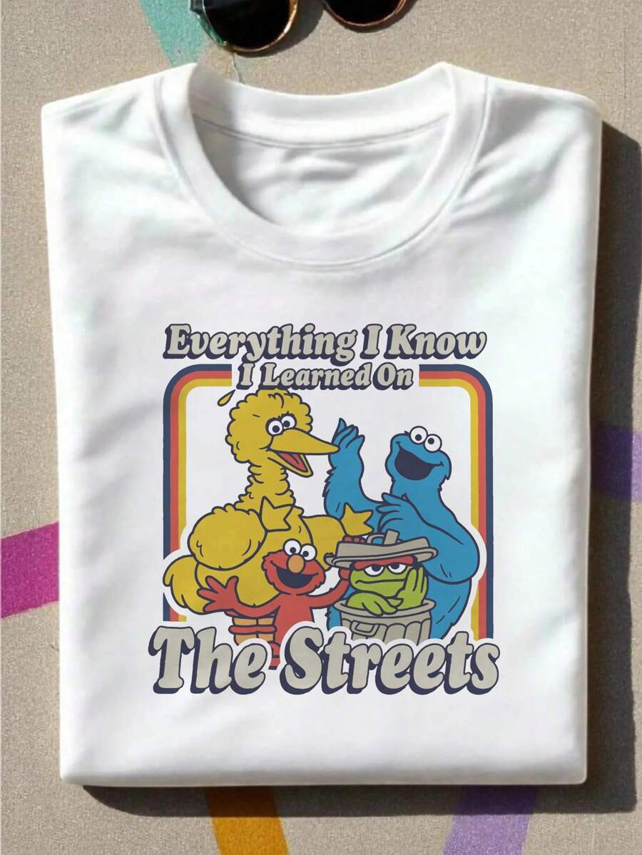 Graphic Tees Women Fifth Sun Sesame Men's Everything I Know I Learned On The Streets Short Sleeve Crew Tee Men's Summer Casual 180g Pure Cotton T-Shirt Patterned Printed Short Sleeved Top T-Shirt - 白色 - 查看 1