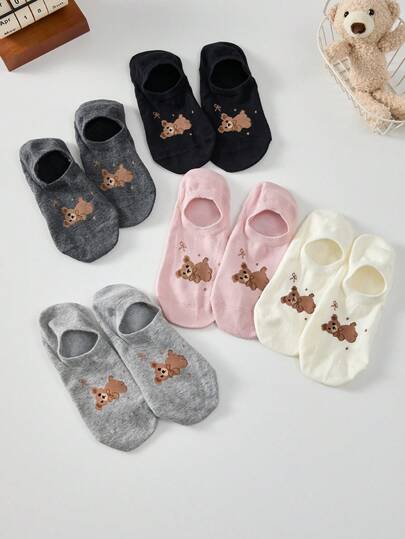 5 Pairs Women's Cartoon Bear Bownot Pattern Short Socks Invisible Socks, Suitable For All Seasons, Comfortable Cute Ankle Socks(Without Cardboard)