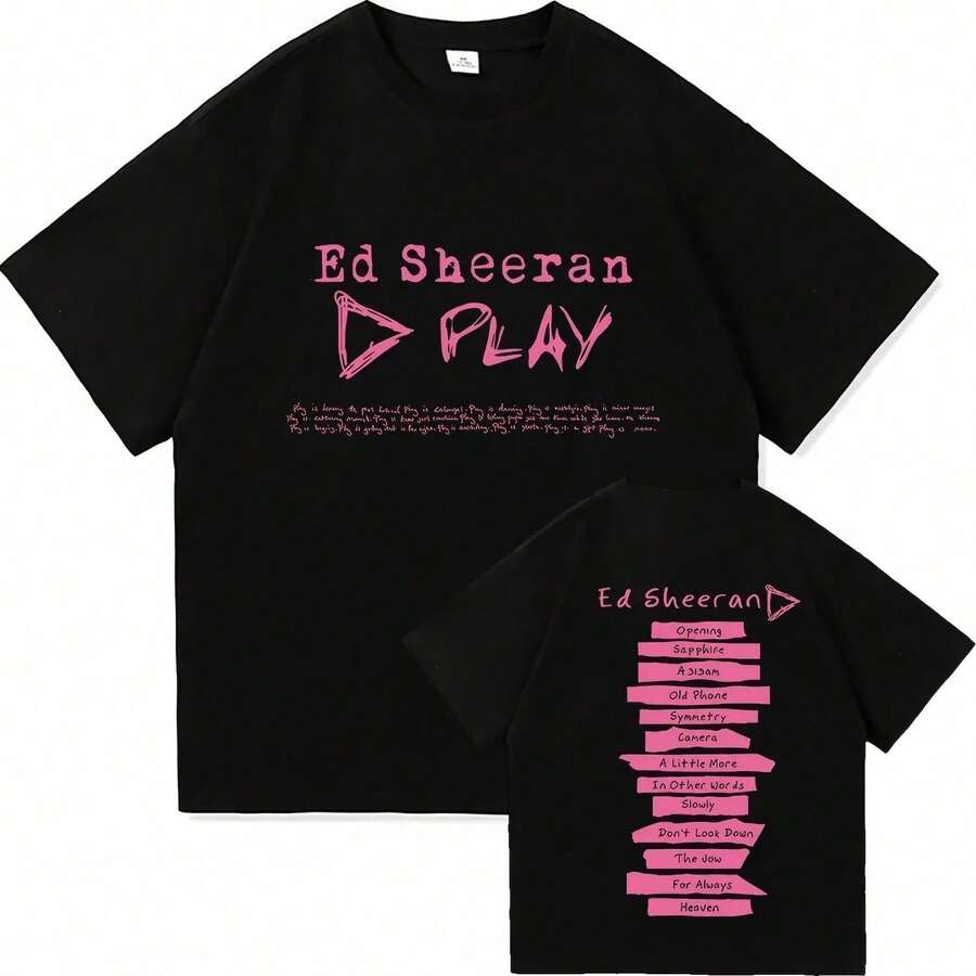 Ed Sheeran Play Tour Album 2025 Fans Gift T Shirt Men Women Vintage Aesthetic Clothing T-Shirts Summer Oversized Cotton T-Shirt - 黑色 - 查看 1