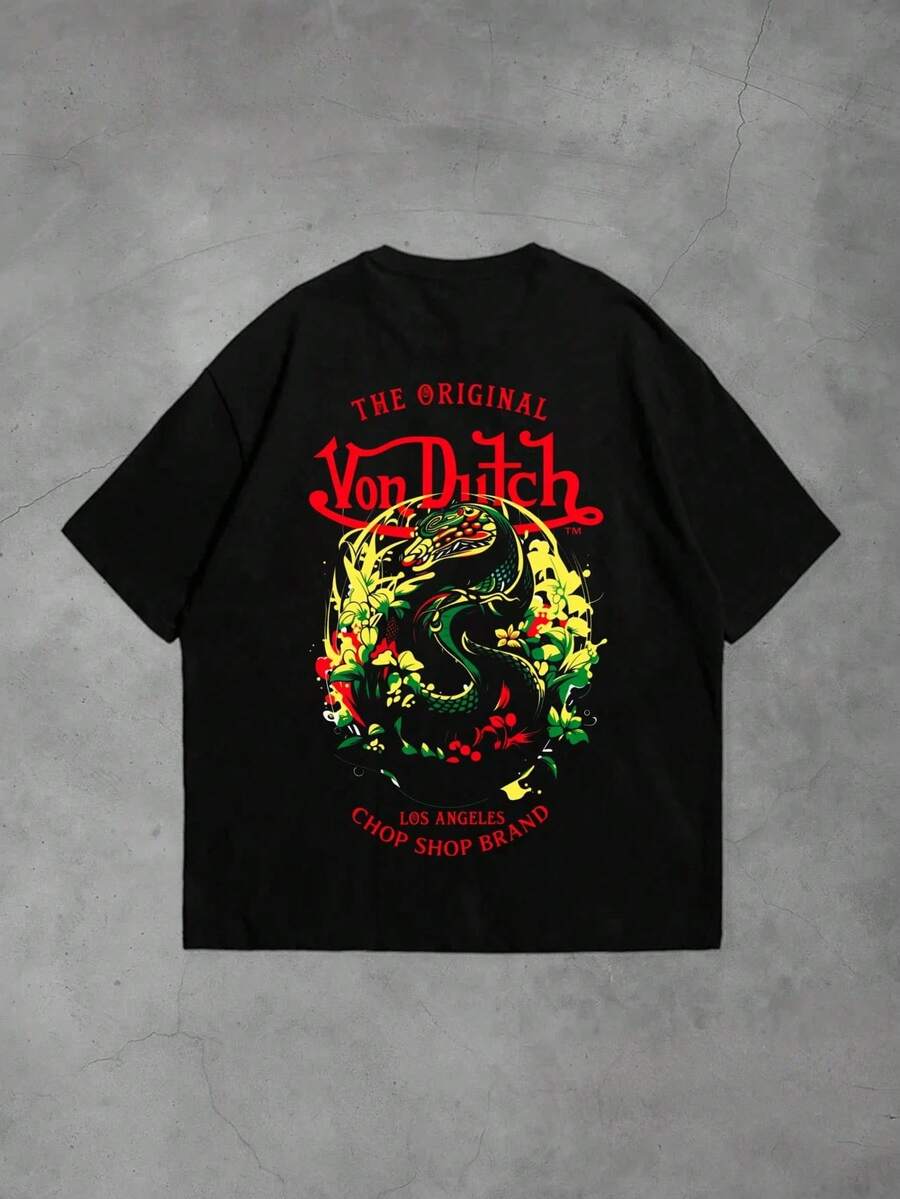 Fashion Vintage Prints Shirt, Summer Tops Streetwear, 1pcs Women's Von Ditch Dragon Floral Design Red And Green Print Fabric Soft & Skin-Friendly Unisex Style Gifts For Spring Festival, Valentine's Day, St. Patrick's Day & World Cup-Van Dutch Dragon Print Women T Shirt Classic Americana Style Graphic Sports Fan Gift - màu đen - Xem 1