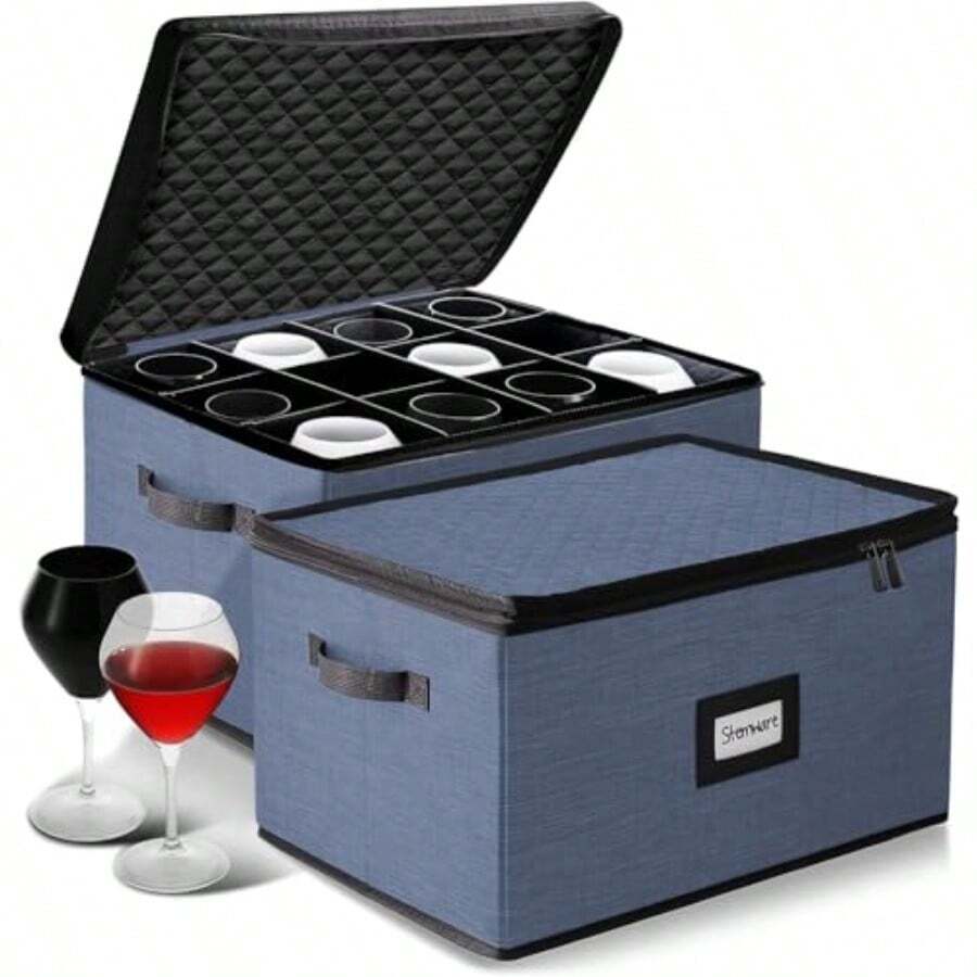 Caja de almacenamiento para copas de vino con divisores paquete de 2 fundas apilables de almacenamiento de vaso servicio de 24 recipientes de almacenamiento de cristalería contenedores acolchados - Azul - Ver 1