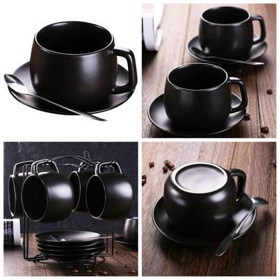 Vintage Matte Black Porcelain Tea Cup And Saucer Set With Spoon For Coffee Or Espresso 8oz
