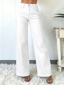 Elegant & Casual Women's Wide Leg Jeans, Denim Fabric, Solid Color Washed, Full Length, Medium Stretch Spring White - White - View 5
