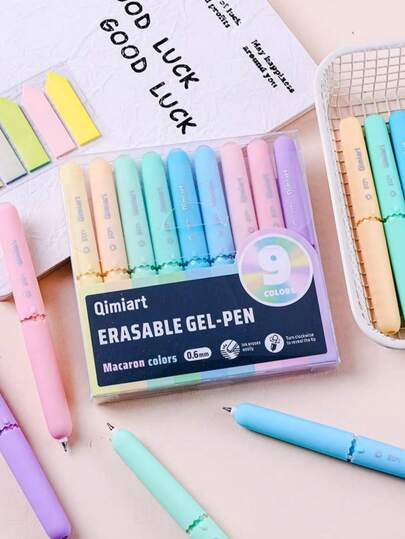 9支/套 KC260 彩色可擦凝胶笔，0.6mm笔尖，书写流畅，旋转式设计内置橡皮擦，可爱蛋形圆珠笔，适用于学习、办公、记笔记、修改、临时批注、绘画以及开学季