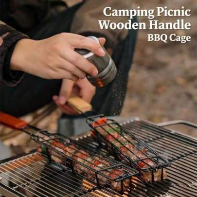 49厘米 x 4.5厘米长方形烧烤架，带长木柄，适合户外露营、派对烧烤、家庭花园烧烤聚会。