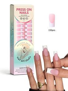 150片/套杏仁形黑色法式按压式假指甲，渐变美甲甜美别致法式/韩式风格美甲贴纸，新款时尚美甲贴片，包含1片果冻胶和1个指甲锉，适合女士派对、舞会、日常穿着 - 查看 1