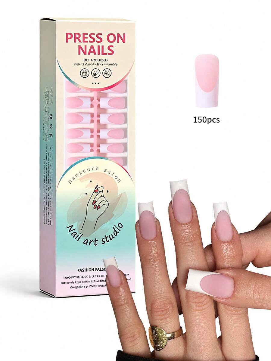 150片/套杏仁形黑色法式按压式假指甲，渐变美甲甜美别致法式/韩式风格美甲贴纸，新款时尚美甲贴片，包含1片果冻胶和1个指甲锉，适合女士派对、舞会、日常穿着 - 查看 1