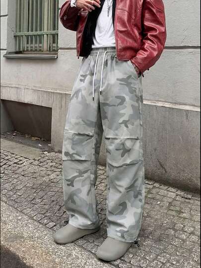 Men's American Streetwear Light Gray Camouflage Wide Leg Cargo Pants, Casual Drawstring Straight Trousers