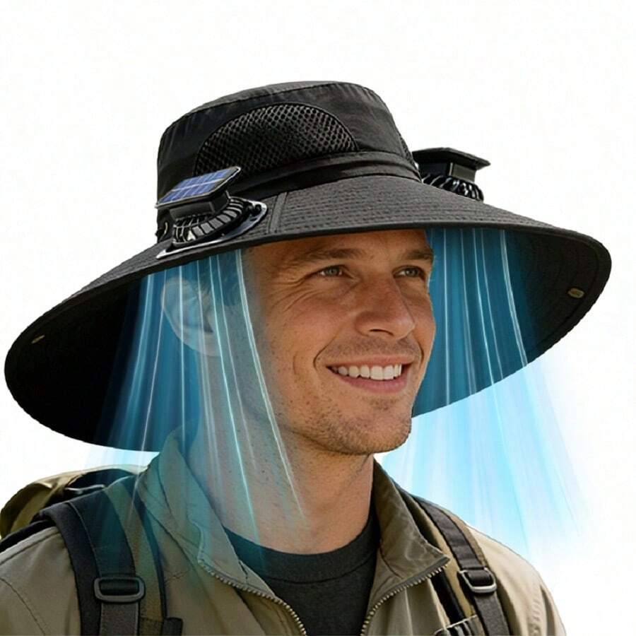 Solar Fan Cap, UV Resistant Outdoor Wide Brimmed Fisherman's Cap, With 180 ° Adjustable Fan, UPF50, USB And Solar Power Supply, Suitable For Beach, Camping, Outdoor, Fishing - A - Xem 1