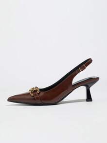 Women's High Heel Pumps, Fashion Pointed Toe Slip-On Sandals, Vintage Brown Bit Buckle Kitten Heel Commuting Elegant Mid Heel Pumps - Brown - View 9