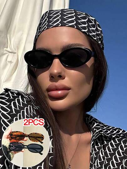 2 piezas Gafas de moda vintage ovaladas para mujer, de marco estrecho y ligero de policarbonato, versátiles para uso diario, con estuche
