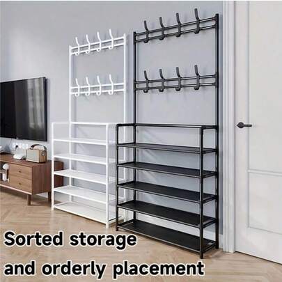 1 Multifunctional Shoe And Hat Rack With 8 Hooks, Large Capacity For Shoes, Boots, Clothes, Hats, Bags Storage, Organize Daily Sundries, Space Saving