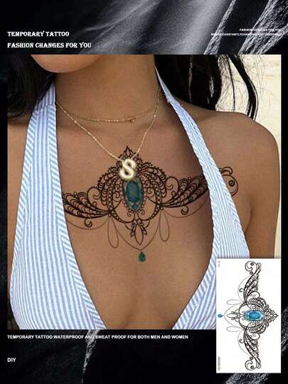 1pc Blue Gemstone Chain Creative Pattern Temporary Tattoo, Blue Gemstone Line Temporary Tattoo, Multifunctional Unisex Body Art Fake Tattoo, Waterproof Sweatproof Suitable For Arms, Hands, Abdomen And Feet - , Easy To Apply And Remove, Lasts 7-14 Days, Beach Party Accessory Sticker DIY Gift