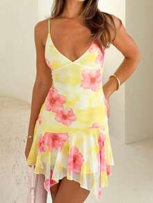 Summer Cute Party Strappy Mini Dress Women Sleeveless Asymmetric Sheer Hem Floral Pattern Elegant Vacation Dress - Yellow - View 3