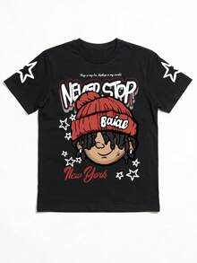 男童圆领卡通字母印花休闲日常短袖T恤 - 黑色 - 查看 2