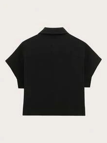 Solid Color Polo Collar Short Sleeve Top, Spring/Summer Black - Black - View 2