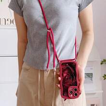 钥匙扣/挂绳式手机壳，配有可调节挂绳和肩带，酒红色玫瑰波浪纹，轻巧防震TPU保护壳，适用于苹果手机 - 酒紅色 - 查看 3