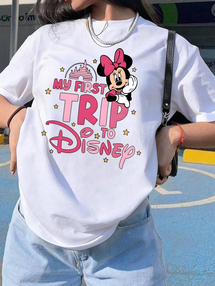 Women's Casual White Minnie Mouse My First Trip To Disney Short Sleeve T-Shirt Top, Cotton Blend Round Neck Regular Fit Tee - 白色 - 查看 1