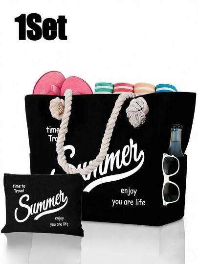 Tote Bag Set Printed With "Summer Vibes" Pattern, With Side Pockets, Large Capacity Shoulder Bag & Matching Small Pouch, Durable Reusable Shopping Bag For Daily Use, Church Outings, Travel & Work, Travel Tote Bag, Vacation Storage Bag, Large Capacity Shoulder Bag, For Beach Sunbathing, Picnicking, Camping, Travel, Gym, Pool, Women's Weekend Bag, Reusable Shopping Bag Or Daily Business Travel, Back-To-School Gift, Birthday Gift, Travel Accessory, Mother's Day Gift, Wedding Accessory