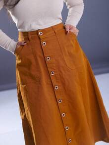 Women's Plus Size Long Denim Skirt, Flared, Caramel Color, High Waist, 100% Cotton, No Lycra - Lạc đà - Xem 5