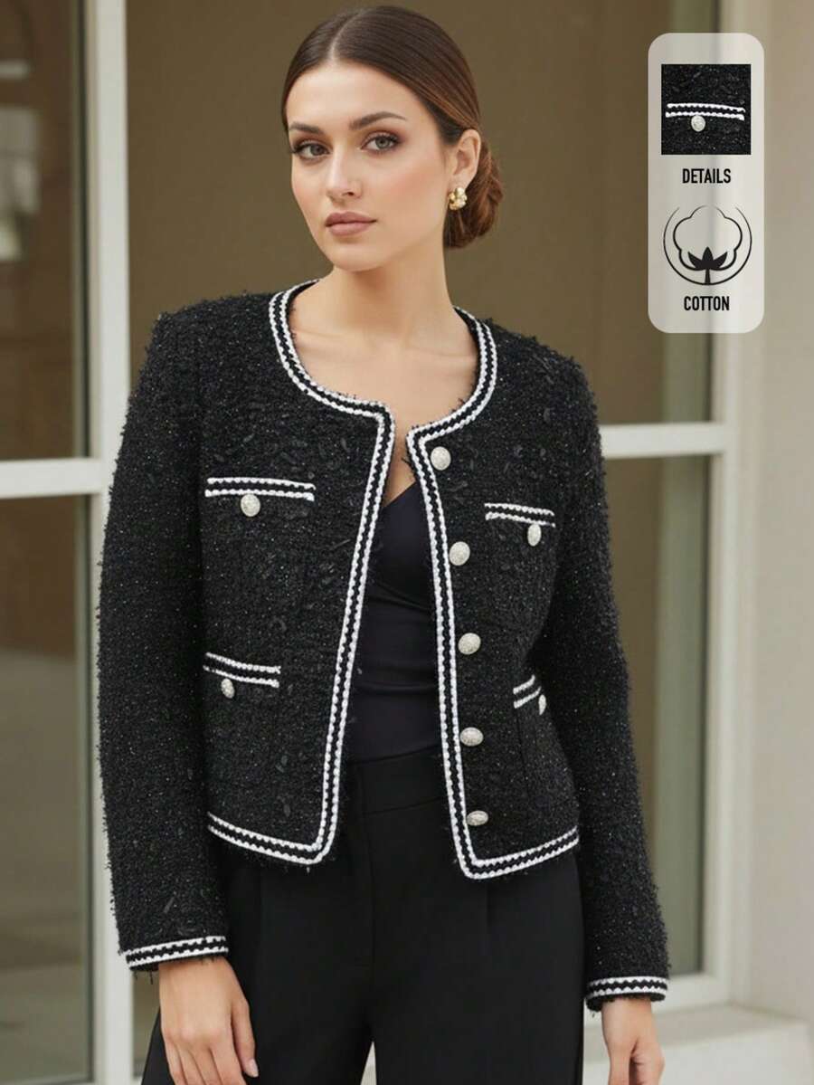 Áo khoác dạ hội dài tay cài cúc phía trước, chất liệu vải dệt, kiểu dáng thanh lịch, thích hợp cho các buổi tiệc tối. - màu đen - Xem 1