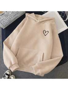 Plain Kangaroo Hoodie With Pocket, Unisex, Heart Design, Cold Weather Sweatshirt - 米色 - 查看 1