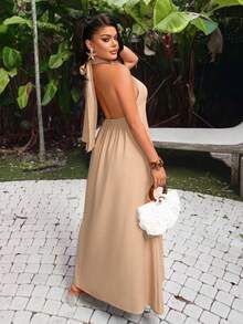 AIJ Đầm maxi nữ Amarilo chất liệu dệt họa tiết - Cổ khoét rỗng với họa tiết tròn, trang phục gợi cảm thường ngày cho kỳ nghỉ biển, trang phục dự tiệc mùa hè thanh lịch. - Màu be - Xem 2