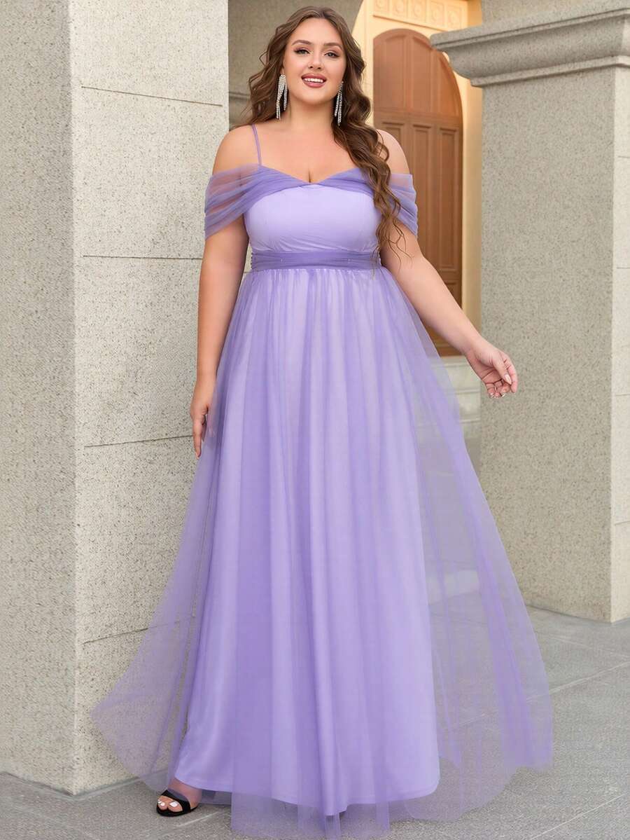 Women Plus Size Elegant Solid Color Elegant Mature Party Romantic Mesh Ruched Bust Zipper Ruffle/Flounce Formal Party Bridesmaid Dress For Wedding Guest Maid Of Honor Maxi Floor Length Prom Gowns Birthday Party Party Graduation Party Formal Evening Wedding Guest Prom Homecoming - Dusty Purple - View 1