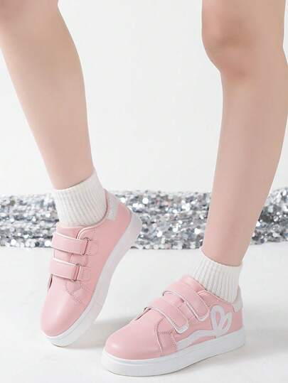 Fashionable Casual Versatile Girls' Sports Shoes, Pink Color With Dual Hook And Loop Closure, Lightweight & Comfortable, Glitter Patchwork Low-Top Campus/School Sneakers, Suitable For 14 Years Old And Below Girls To Wear For Parties, Holidays, And Matching Dresses/Pants