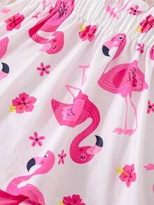 Bộ 2 món cho bé gái gồm áo hai dây in hình phượng hoàng hoạt hình và quần short có nơ, thích hợp cho mùa xuân/hè. - Màu Hồng Tươi - Xem 4