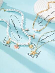 3 Pcs Handmade Boho Ocean Charm Necklaces Set, White Faux Pearl And Gold Necklaces With Starfish, Shell, Mermaid Tail Pendants, Beach Vacation Jewelry For Women - Starfish Pendant Beaded Necklace Set - View 3