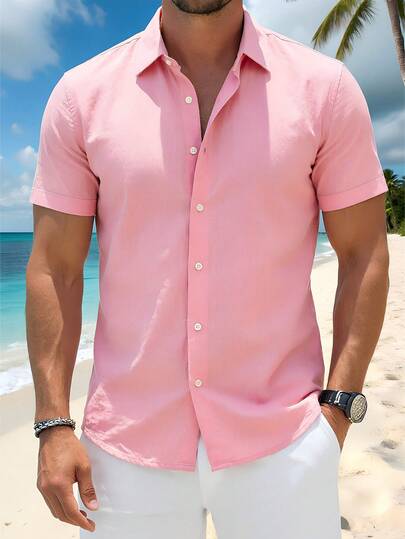 新款时尚男士性感短袖衬衫，时尚成熟粉色衬衫，轻盈弹力面料，适合度假、日常穿着、旅行，四季皆宜。