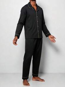 Snug League 男士条纹睡衣套装，纯棉长袖上衣和长裤，透气吸汗，适合春秋季和秋冬季穿着。 - 黑色 - 查看 4