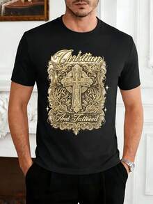Maglietta con stampa grafica della croce cristiana, estiva, in morbido cotone, stampa artistica, casual, traspirante - nero - Visualizzare 1