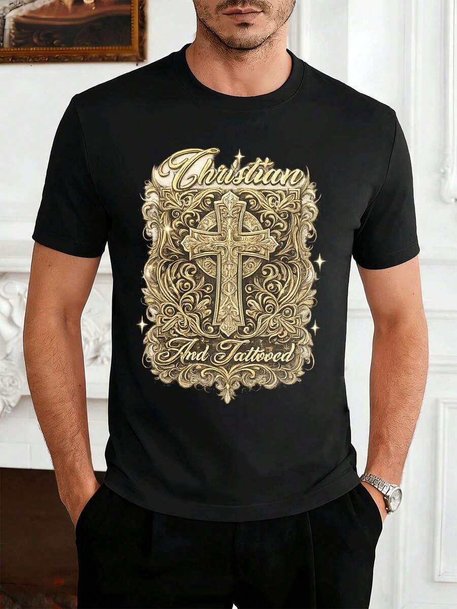 Maglietta con stampa grafica della croce cristiana, estiva, in morbido cotone, stampa artistica, casual, traspirante - nero - Visualizzare 1
