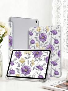 1pc Purple & Yellow Floral Pattern Painted Tablet Case, Compatible With IPad Mini 4/5/6/7, Air, 9.7/10.2/10.5, Air 4/5, Pro 11", 10th Gen, Air 11" (M3) 2025, 11" (A16) 11th Gen 2025, Galaxy Tab A8 10.5" 2022. Includes Pencil Slot, Tri-Fold Stand, TPU Soft Edge Protection, Magnetic Sleep/Wake, Minimalist/Elegant/Fun/Personalized/Creative Design - Multicolor - View 4