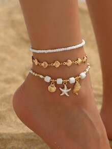 3pcs Summer Ocean Style Soft Clay Bead, Random Assorted Metal Starfish, Shell, Conch Pendant Anklet, Fashionable Gold Shell Handmade Chain Foot Jewelry, Suitable For Daily Wear, Decoration And Beach Vacation - Multicolor - View 1