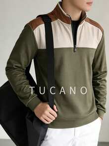 Áo sweatshirt nam màu xanh ô liu phối nhiều mảnh, cổ đứng, khóa kéo, đa năng, phù hợp mặc hàng ngày như công sở. - Màu xanh Ô liu - Xem 2