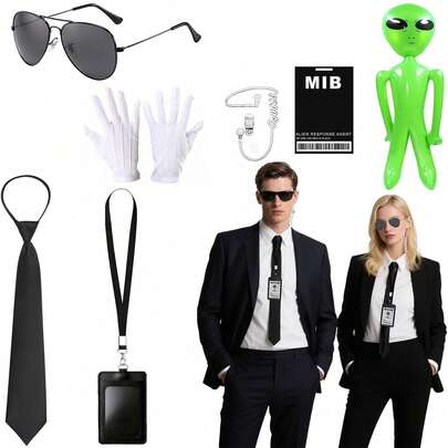 6-Piece Alien Secret Agent Costume Accessory Set, Secret Security Guard Outfit, Includes Tie, Glasses, ID Badge, Earphones, And Alien Props | Unisex Retro Style Cosplay, Perfect Gift For Holiday Parties, Suitable For Alien-Themed Parties, April Fool's Day Costumes, Carnival Costume Parties, And Role-Playing Events.