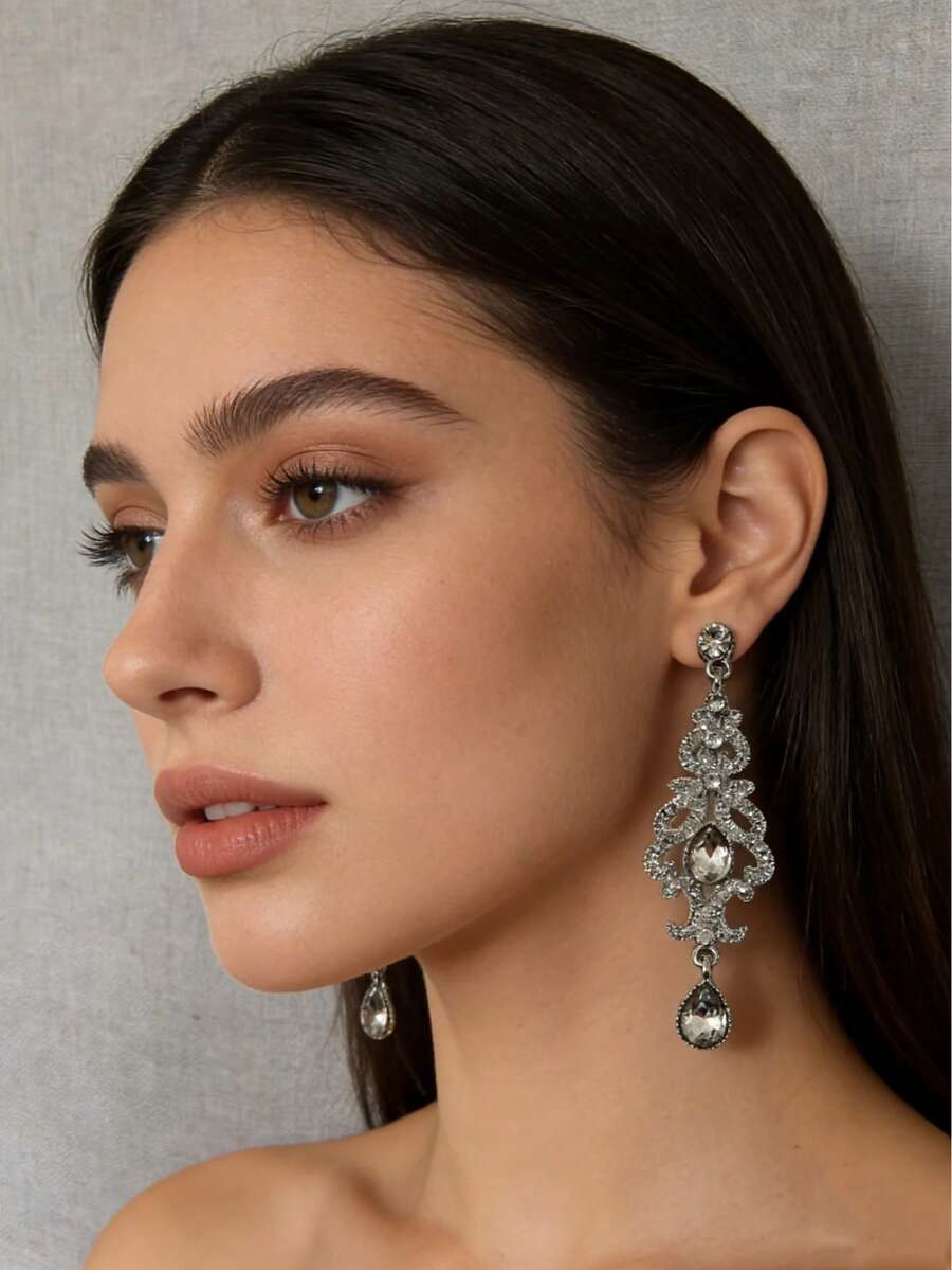 一对复古雕花镂空水滴耳环，婚礼首饰 - 銀色 - 查看 1