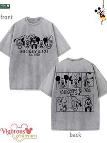 Disney Checkerboard Gray Pattern T-Shirt Summer Clothing  Vintage Washed 230g T-Shirt - Grey - View 1